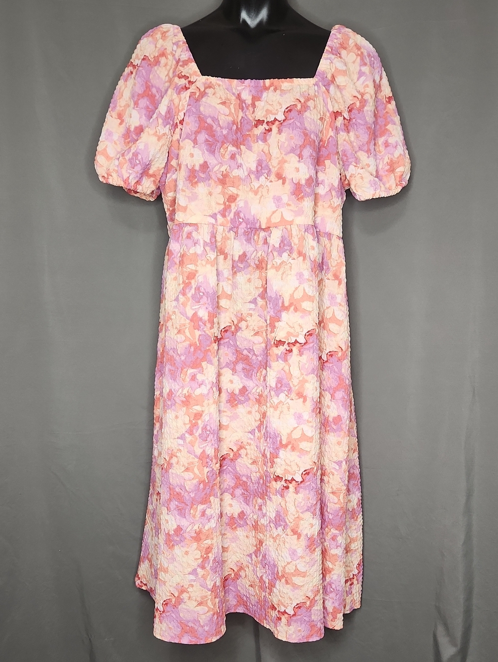 Time & Tru Puff Sleeve Tie Back Dress - Coral & Purple Floral Print - XXXL (22)